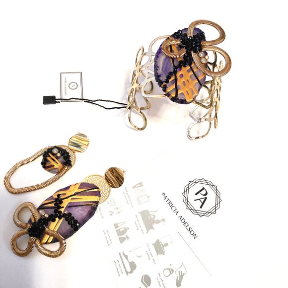 Gold Plated Bangle + Earrings PURPLE Agate - Picture 2 of 4